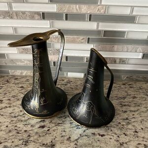Tamar brass enamel ewer pitchers ornate etched made in Israel vintage decor